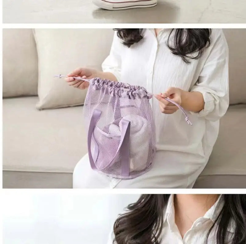 1pc Large Capacity Mesh Drawstring Cosmetic Bag Organizer Toiletry Body Shower Accessories Storage Bags Travel Handbags Swim Bag