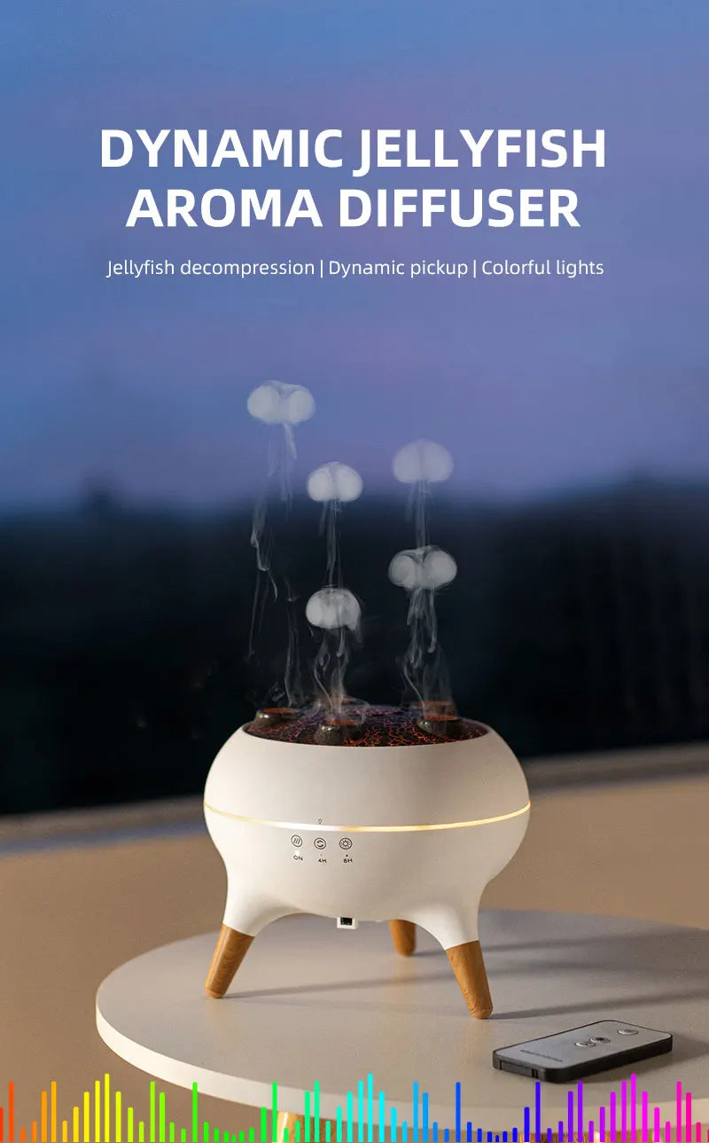 Flame Air Humidifier Dynamic Jellyfish Aroma Diffuser with Colorful Gradient Ambient Lights Remote Control Aromatherapy Diffuser